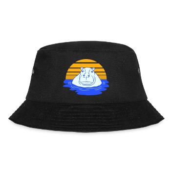 Hippopotamus Swimming Water Sun Cute Comic Cartoon - Bucket Hat - black - Front - Lela (165cm)
