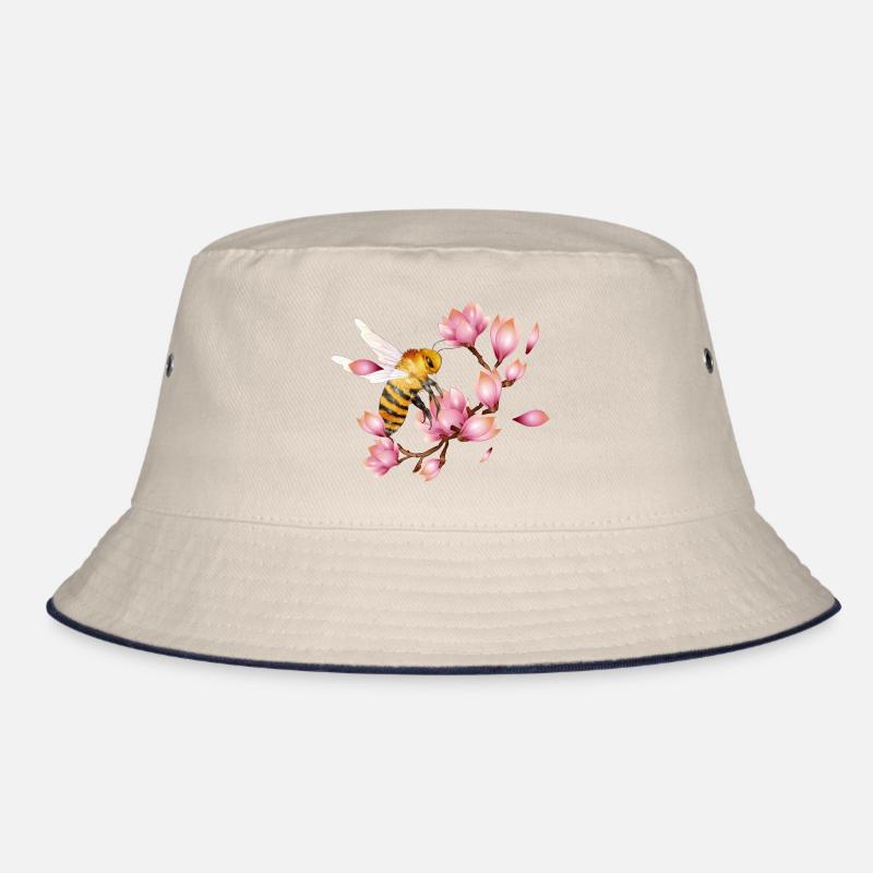 flying bee with magnolias hand drawn Bucket Hat