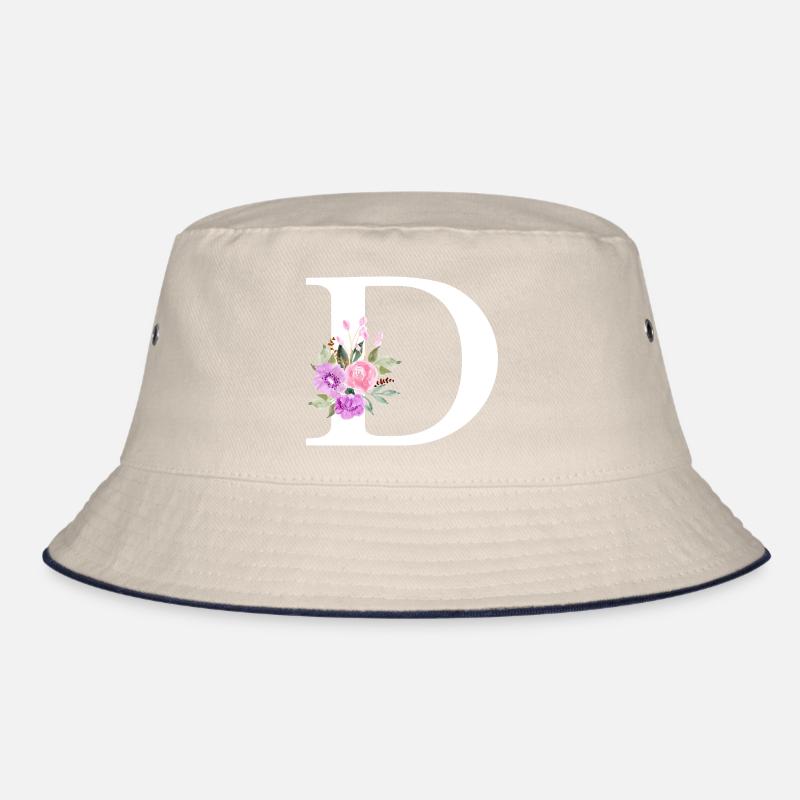 Lila Blumenbuchstabe D Bucket Hat