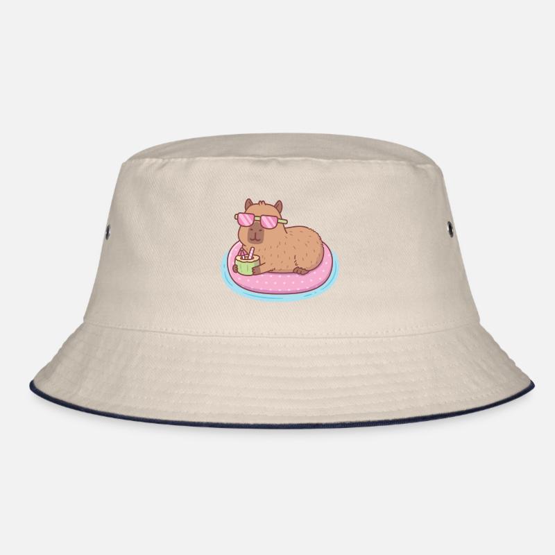Funny Capybara Chilling On Pink Pool Float Bucket Hat