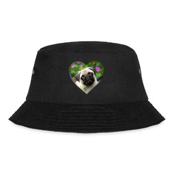 Lustiger Mops Welpe Hund Foto Porträt mit Herz - Bucket Hat - Schwarz - Vorne - Lela (165cm)