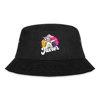 JAVIER - Schöner Jungen Name mit Coolem Einhorn - Bucket Hat - Schwarz - Vorne - Lela (165cm)