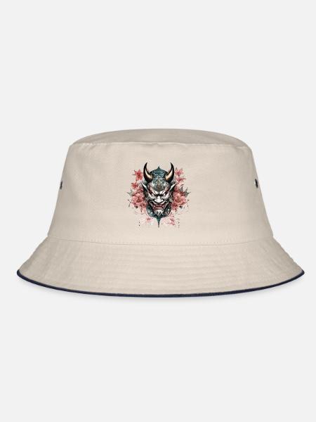 Demon Hannya Mask with Flowers - Bucket Hat - ecru/navy - Front