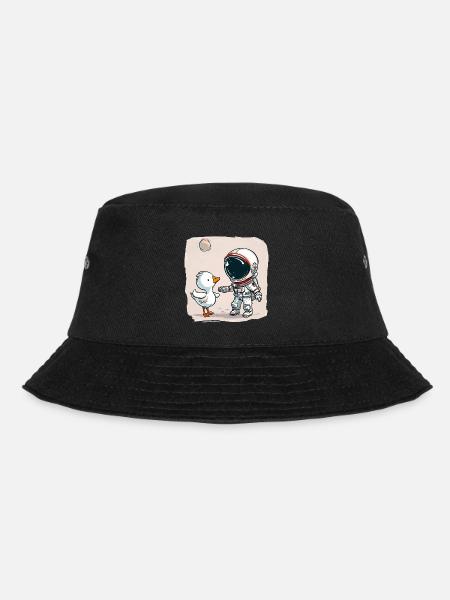 Cute Astronaut and Goose Cartoon Design | Space - Bucket Hat - black