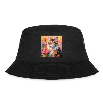 cat, cat motif, flowers, gift, gift idea - Bucket Hat - black - Front - Lela (165cm)