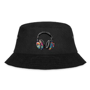 Kopfhörer im Graffiti Stil bunt - Bucket Hat - Schwarz - Vorne - Lela (165cm)