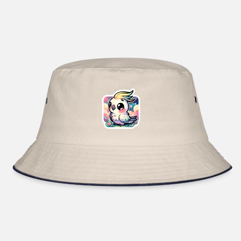 Ein niedlicher Chibi-Nymphensittich in einer farbenfrohen Landschaft Bucket Hat