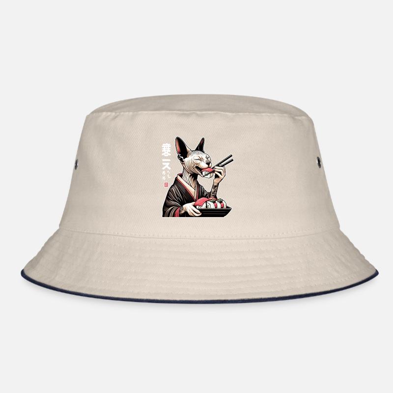 Eine glückliche Sphynx Katze, die im Kimono Sushi Bucket Hat