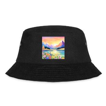 Sonnenuntergang über den Bergen, dem See und den Blumen - Bucket Hat - Schwarz - Vorne - Lela (165cm)