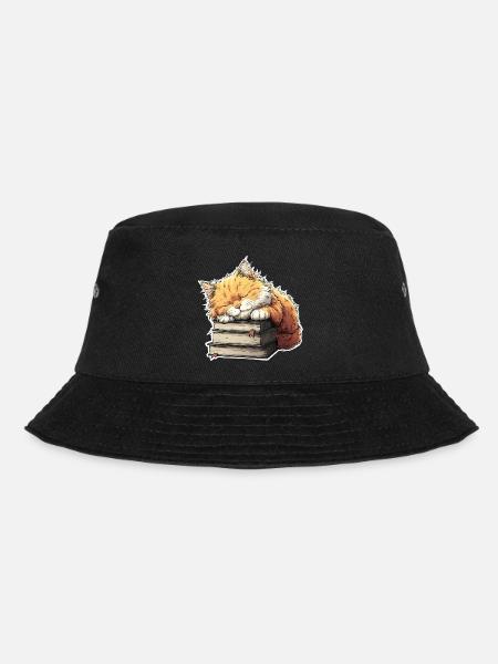 Cute Cat Sleeping on Book Pile - Bucket Hat - black