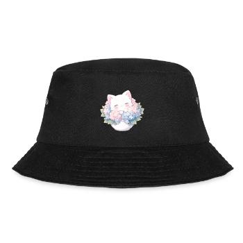 Cute White Cat in Hydrangeas – Kawaii Design - Bucket Hat - black - Front - Lela (165cm)