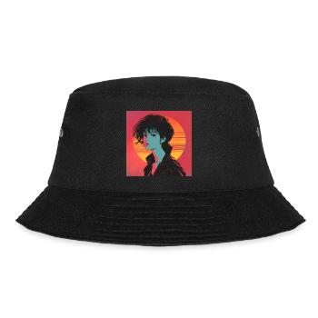80er Jahre Anime Mädchen beruhigender hochwertiger Modedruck - Bucket Hat - Schwarz - Vorne - Lela (165cm)