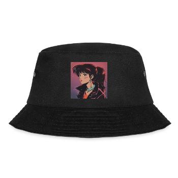 80er Jahre Anime Mädchen beruhigender hochwertiger Modedruck - Bucket Hat - Schwarz - Vorne - Lela (165cm)