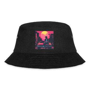 80er Jahre Anime Typ beruhigender hochwertiger Modedruck - Bucket Hat - Schwarz - Vorne - Lela (165cm)