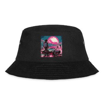 80er Jahre Anime Typ beruhigender hochwertiger Modedruck - Bucket Hat - Schwarz - Vorne - Lela (165cm)