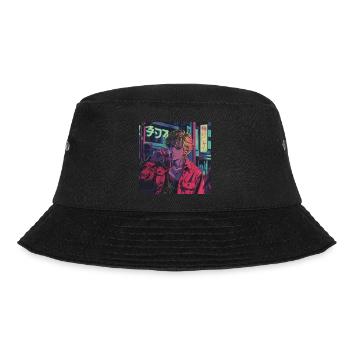 80er Jahre Anime Typ beruhigender hochwertiger Modedruck - Bucket Hat - Schwarz - Vorne - Lela (165cm)