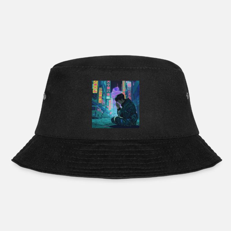 80er Jahre Anime Mädchen beruhigender hochwertiger Modedruck - Bucket Hat - Schwarz