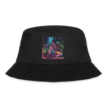 80er Jahre Anime Mädchen beruhigender hochwertiger Modedruck - Bucket Hat - Schwarz - Vorne - Lela (165cm)