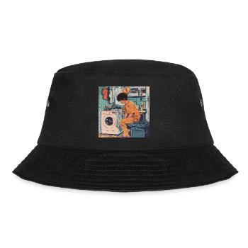 80er Jahre Anime Typ beruhigender hochwertiger Modedruck - Bucket Hat - Schwarz - Vorne - Lela (165cm)