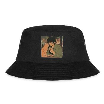 80er Jahre Anime Typ beruhigender hochwertiger Modedruck - Bucket Hat - Schwarz - Vorne - Lela (165cm)