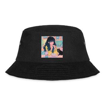 80er Jahre Anime Mädchen beruhigender hochwertiger Modedruck - Bucket Hat - Schwarz - Vorne - Lela (165cm)