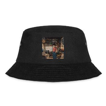 80er Jahre Anime Typ beruhigender hochwertiger Modedruck - Bucket Hat - Schwarz - Vorne - Lela (165cm)