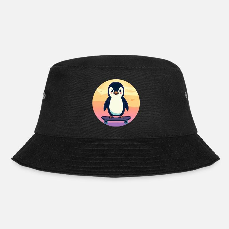Cute penguin on skateboard at sunset - Bucket Hat - black