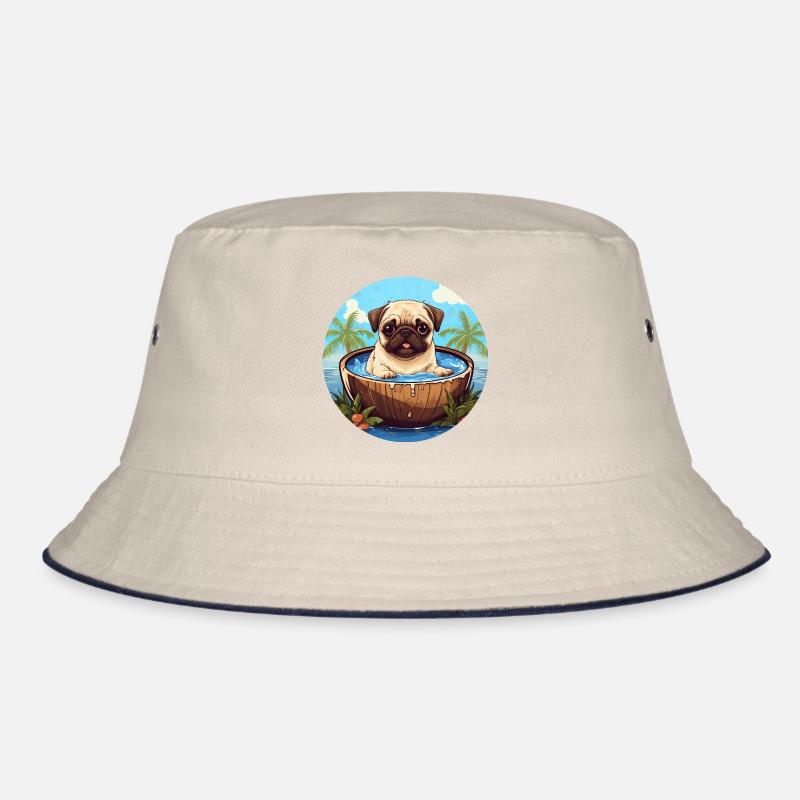 Summer Pug with Coconut Palm Sunset Bucket Hat