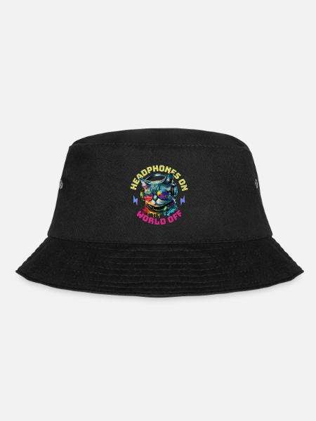 Katze Kopfhörer Musik Headphones On World Off - Bucket Hat - Schwarz