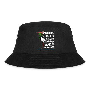 Frosch und Storch - Niemals Aufgeben - Spruch - Bucket Hat - Schwarz - Vorne - Lela (165cm)