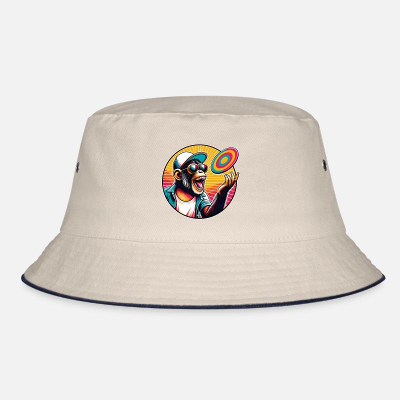 Chimpanzee with sunglasses, baseball cap and frisbee Bucket Hat