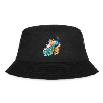Pfau Blumen Pfauenfeder Exotisch Farbenfroh Bunt - Bucket Hat - Schwarz - Vorne - Lela (165cm)