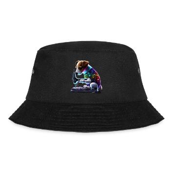 Jack Russel Hund näht mit Nähmaschine - Bucket Hat - Schwarz - Vorne - Lela (165cm)