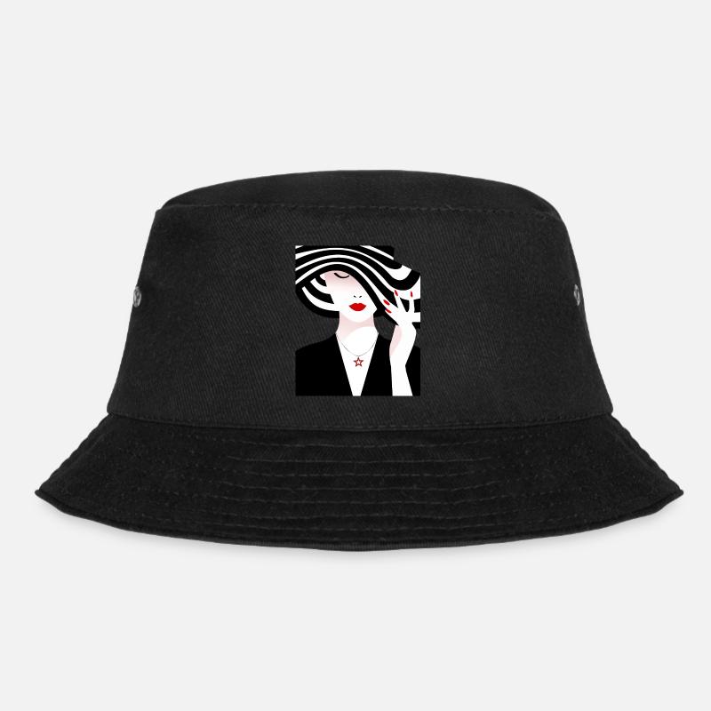 Frau mit schwarz weiß gestreiftem Hut - Bucket Hat - Schwarz