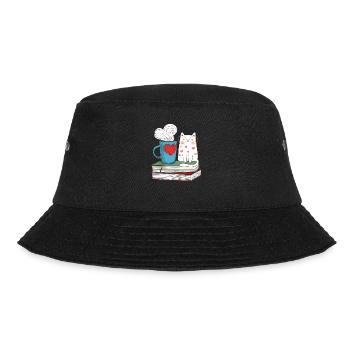 Niedliche Katze und Kaffee Buch Literatur Lesen - Bucket Hat - Schwarz - Vorne - Lela (165cm)