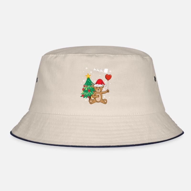 Teddy bear Santa Claus hat Christmas tree Bucket Hat