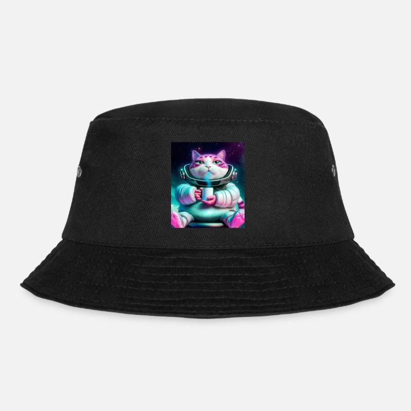 Dicke Katze trinkt Tee im Weltall - Bucket Hat - Schwarz