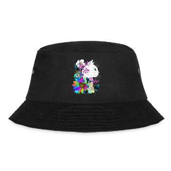 weiße Katze in bunten Fantasie Blumen - Bucket Hat - Schwarz - Vorne - Lela (165cm)