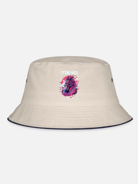 Tokio Asien 80er Japanischer Retro Drache Drachen - Bucket Hat - Natur/Navy - Vorne