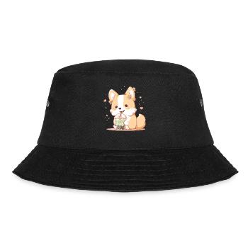 Kawaii Corgi Dog Drinks Boba Bubble Tea Chibi - Bucket Hat - black - Front - Lela (165cm)