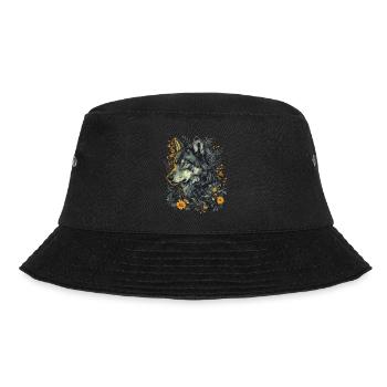 Wolf Wolfskopf Mystisch Blumen Natur Wildnis Kunst - Bucket Hat - Schwarz - Vorne - Lela (165cm)