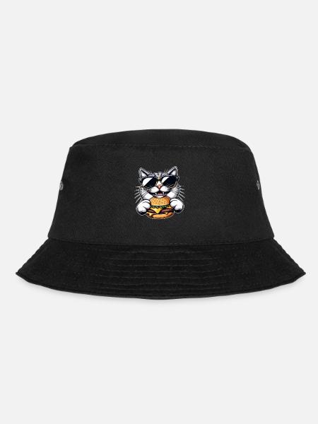 Coole Katze Nerd beim Hamburger Cheeseburger Essen - Bucket Hat - Schwarz