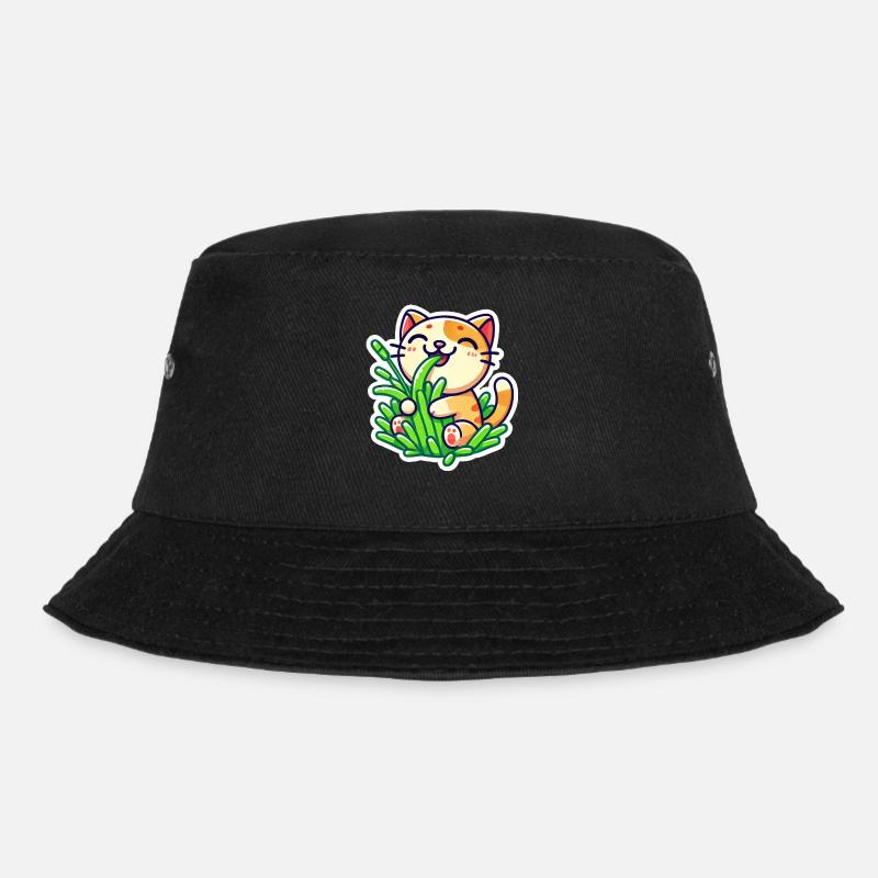 Cute Ginger Cat eating green grass - Bucket Hat - black