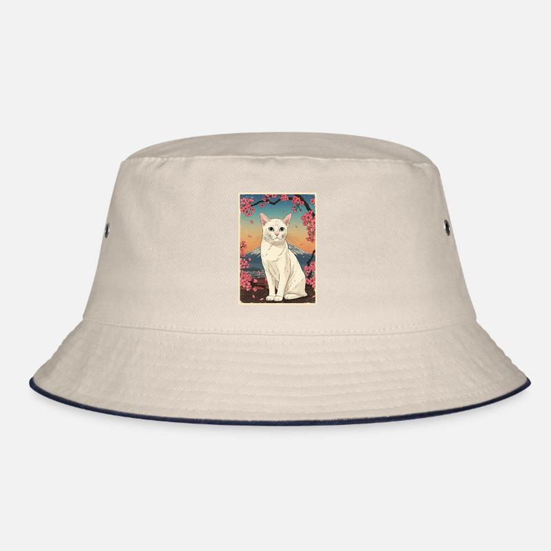White Cat Cherry Blossom Bucket Hat