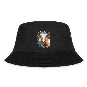 Kuhportrait mit Blumenkranz - Bucket Hat - Schwarz - Vorne - Lela (165cm)