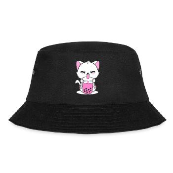 Cat Drinking Boba Cat Lover - Bucket Hat - black - Front - Lela (165cm)