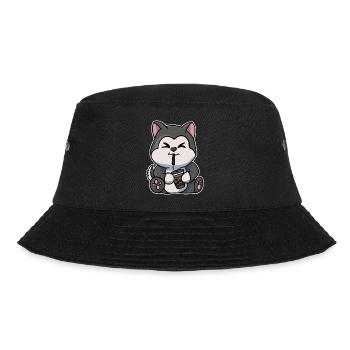 Anime Kawaii Bubble Tea Drinking Husky Hand Drawn - Bucket Hat - black - Front - Lela (165cm)