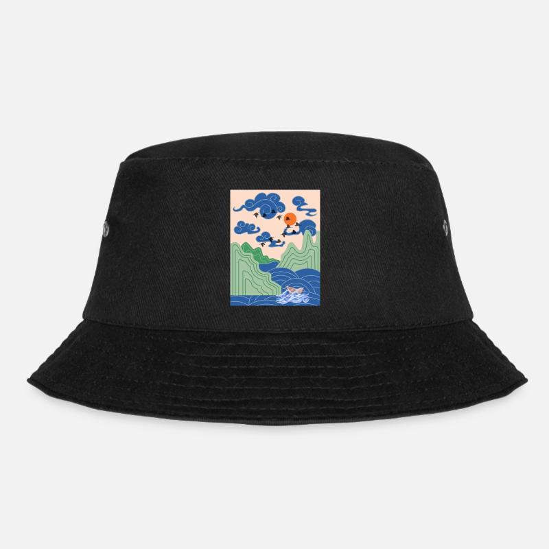 Korean Art Design mit Kranichen & Origami Boot - Bucket Hat - Schwarz