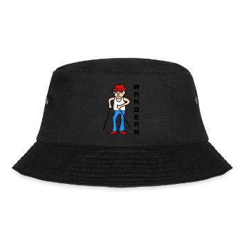 Mann mit Stock und Hut geht Wandern - Wanderer - Bucket Hat - Schwarz - Vorne - Lela (165cm)