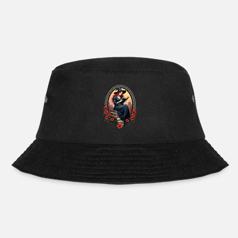 Bücher-Hexe mit Mohnblumen - Bucket Hat - Schwarz